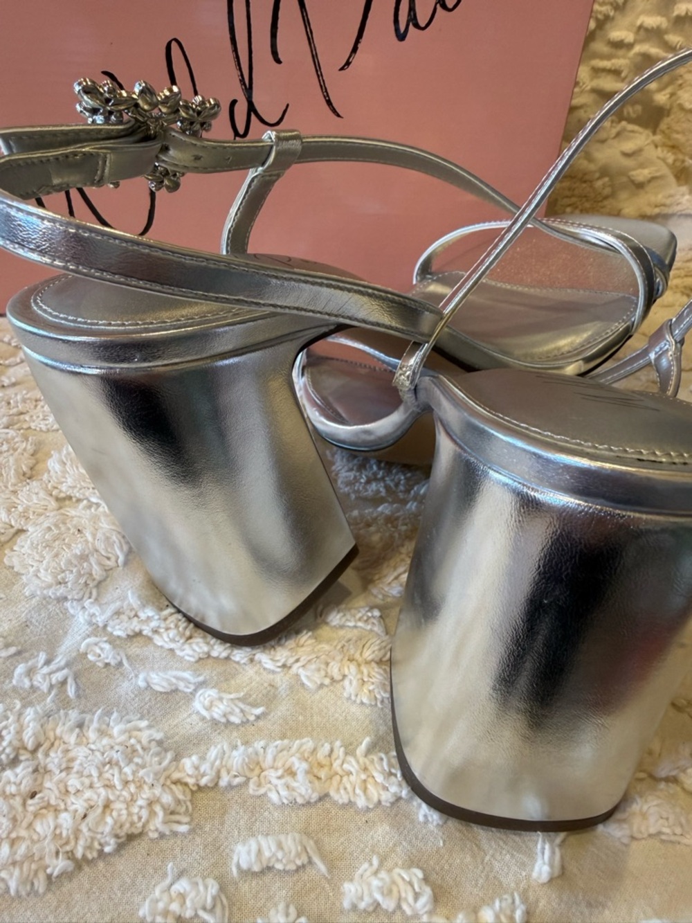 Wild Pair Silver Metallic Block Heel Slingback Sandals with Gem Accent # 645 - Picture 5 of 6